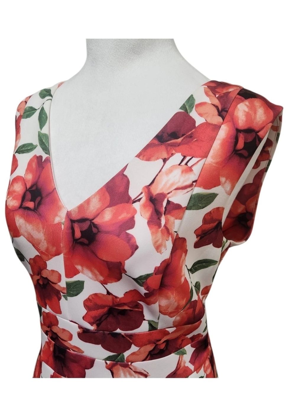 Calvin Klein Floral Fit Flare Dress Womens 10 Red White Pleated Stretch Midi - Picture 8 of 16